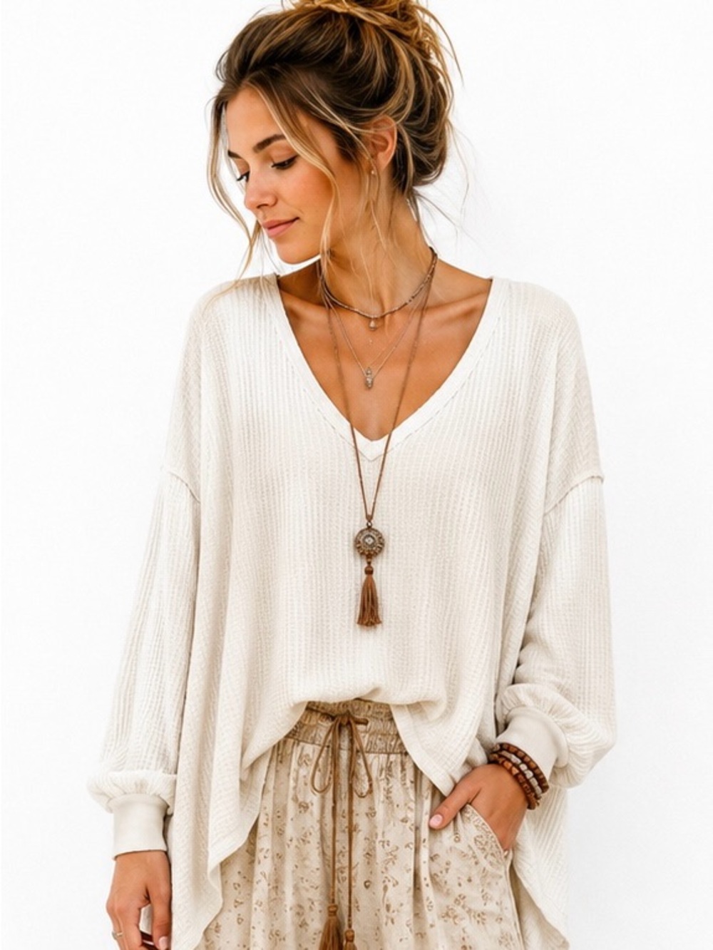 We The Free Cream Waffle-Knit V-Neck Long Sleeve Top